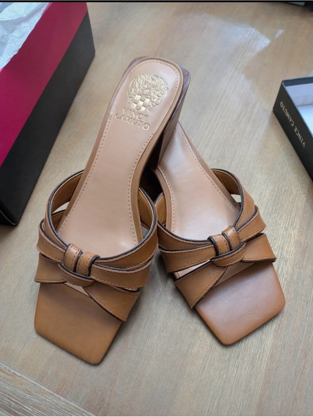 Vince Camuto Cognac Leather Knot Slide Mules